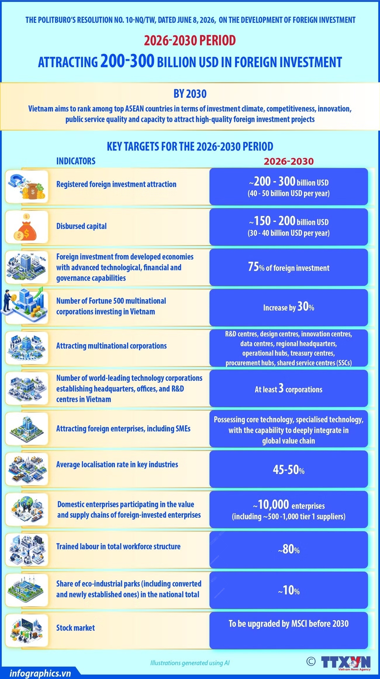 Vietnam targets 200-300 billion USD in registered foreign investment for 2026–2030