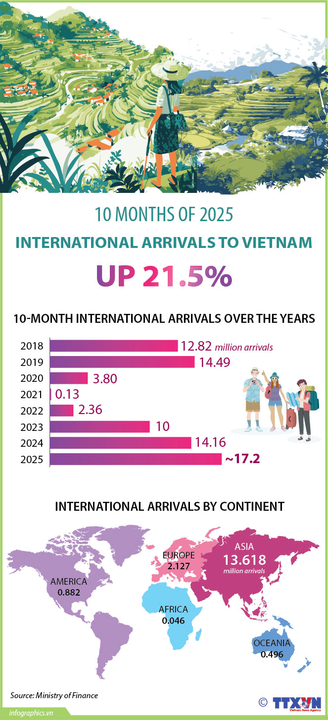 International arrivals to Vietnam up 21.5% in 10 months