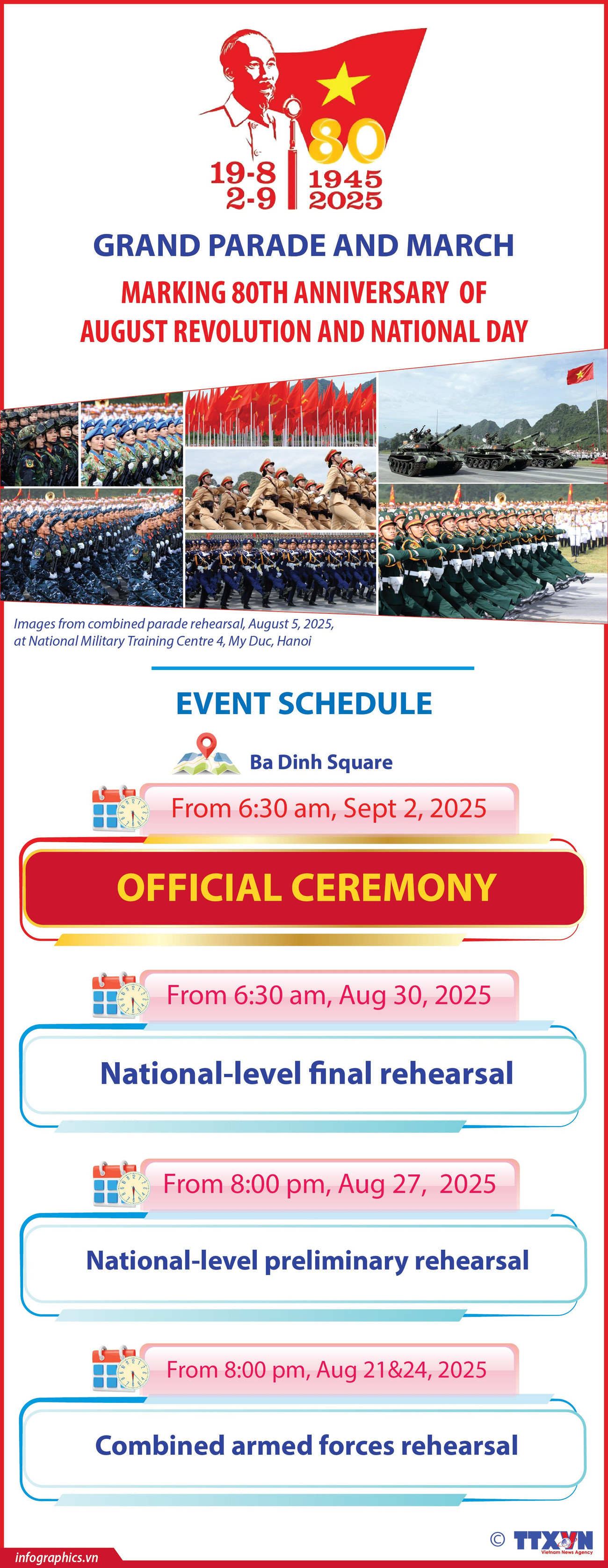 Schedule of grand parade and march marking 80th anniversary of August Revolution and National Day
