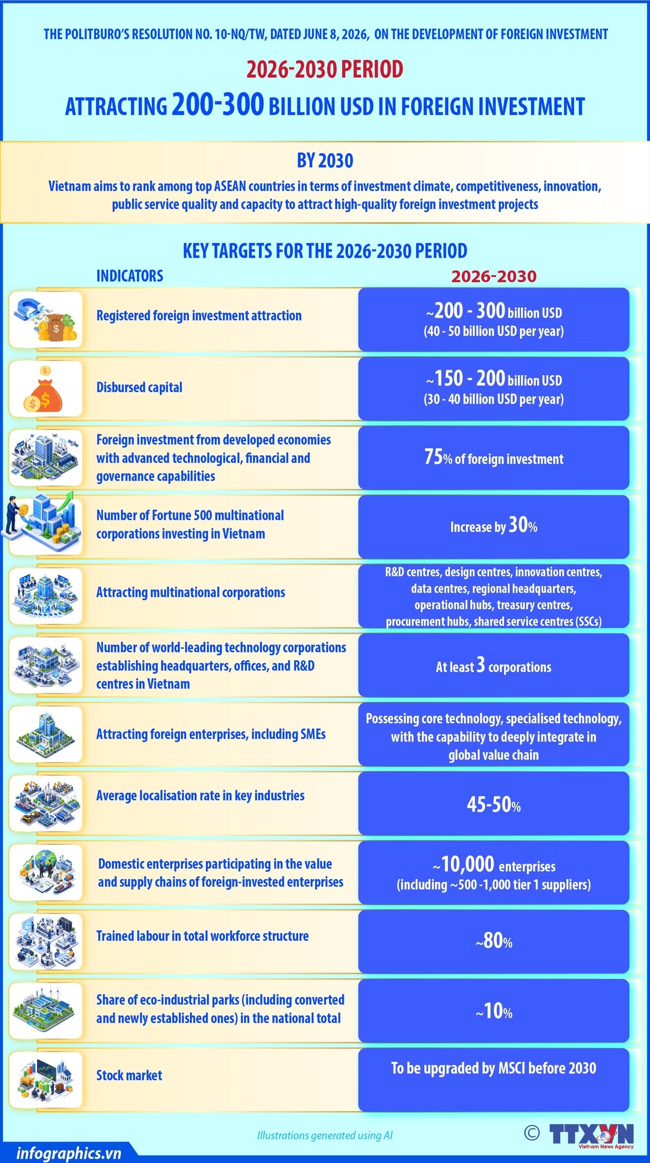 Vietnam targets 200-300 billion USD in registered foreign investment for 2026–2030